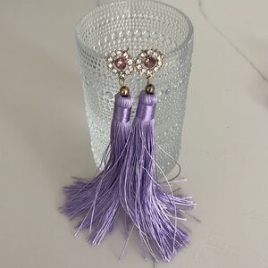 Gold Tone Light Purple & Clear Rhinestone Long Fringe Drop Statement Ear…